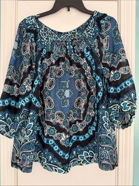Sunny Leigh Blue Paisley Smocked Blouse